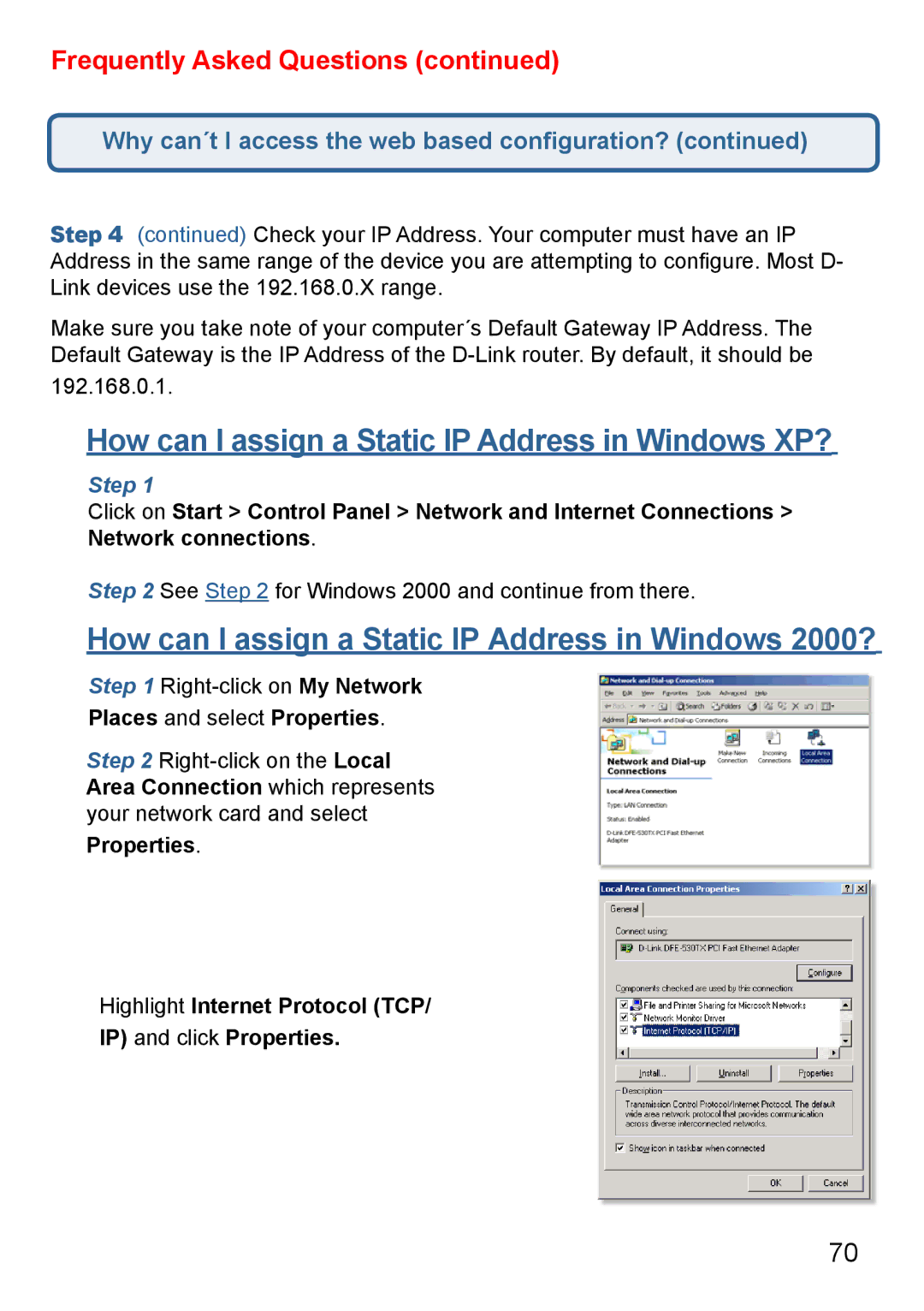 D-Link Di-524 manual How can I assign a Static IP Address in Windows XP?, Places and select Properties 