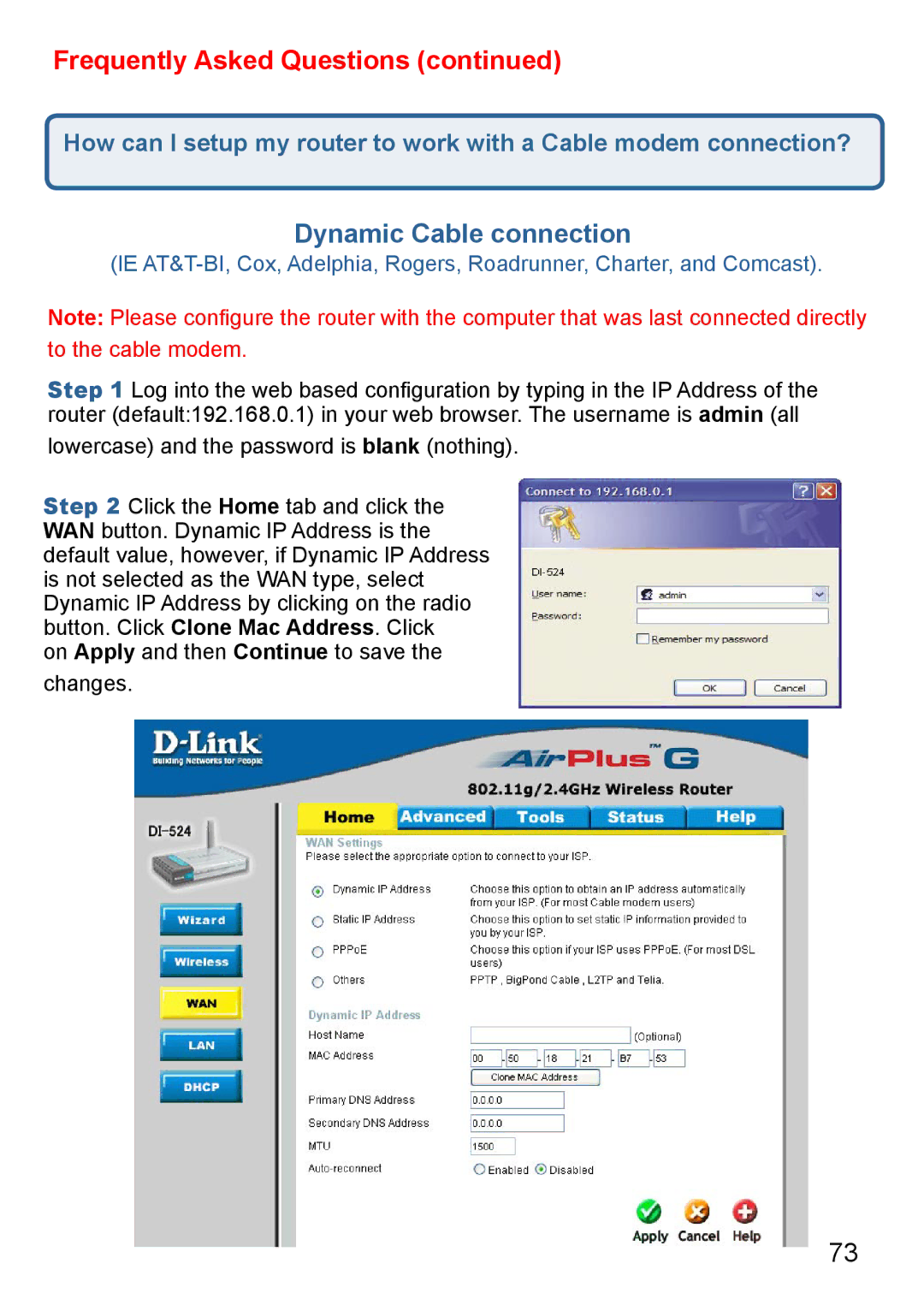 D-Link Di-524 manual Dynamic Cable connection 