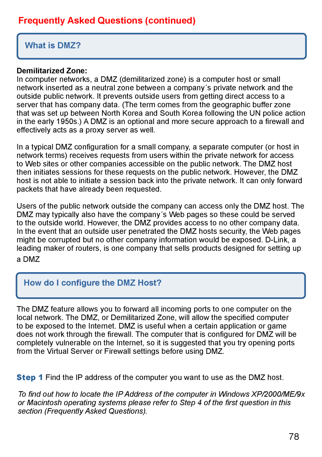 D-Link Di-524 manual What is DMZ?, How do I conﬁgure the DMZ Host?, Demilitarized Zone 