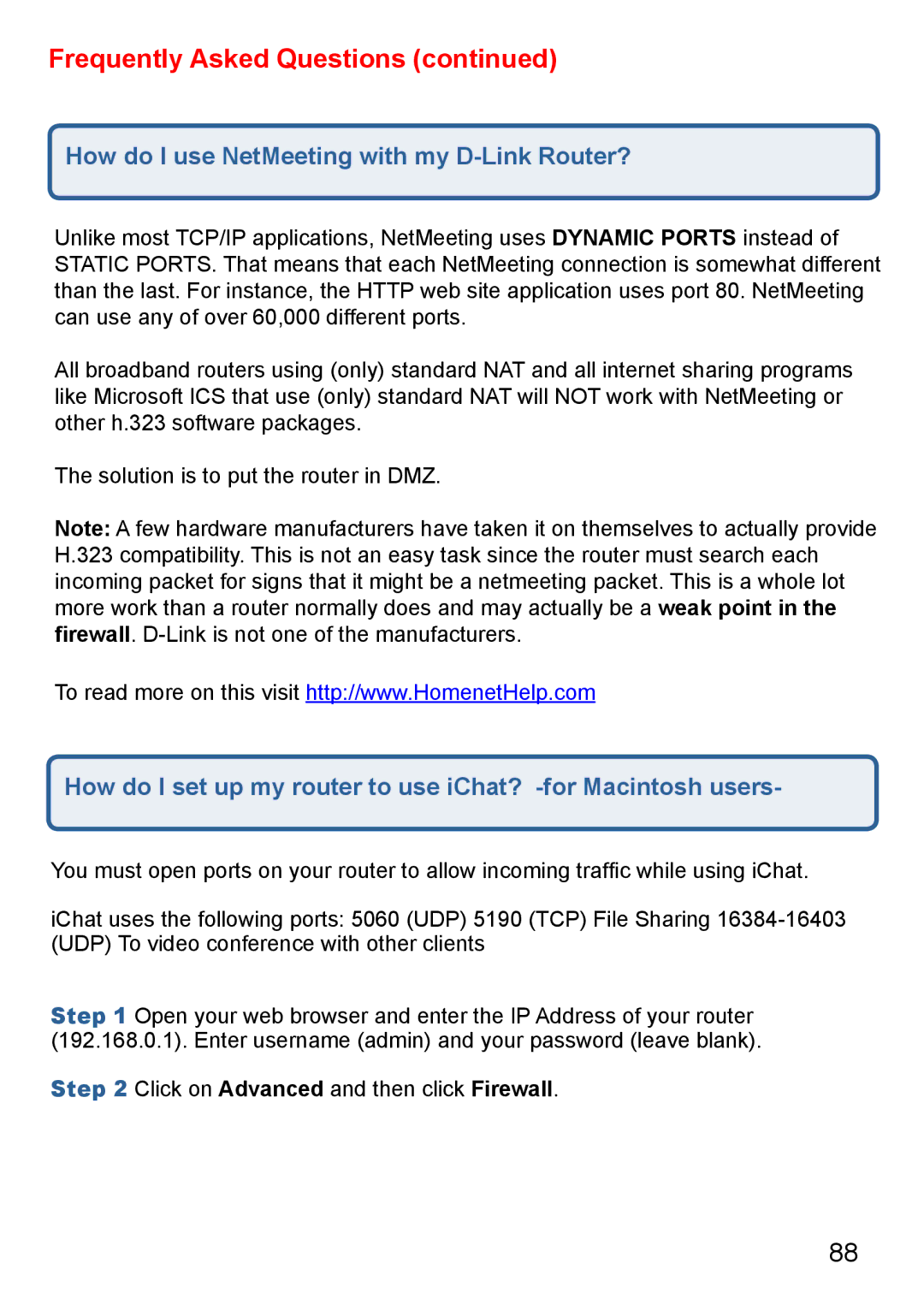 D-Link Di-524 How do I use NetMeeting with my D-Link Router?, How do I set up my router to use iChat? -for Macintosh users 