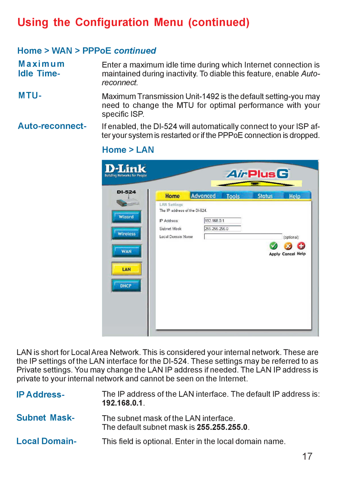 D-Link Di-524 manual Home WAN PPPoE Maximum, Idle Time, Auto-reconnect, Home LAN, IP Address Subnet Mask Local Domain 