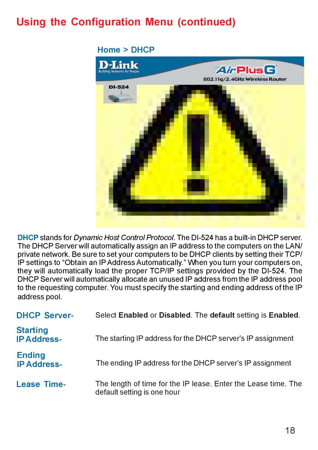 D-Link Di-524 manual Home Dhcp, Dhcp Server, Starting, Ending, Lease Time 