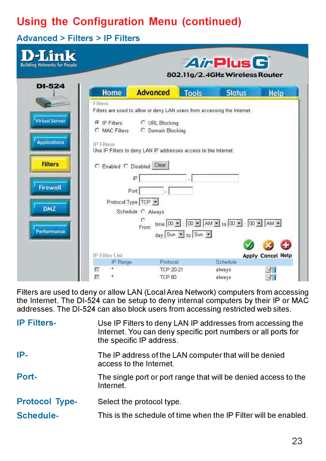 D-Link Di-524 manual Advanced Filters IP Filters, Port 