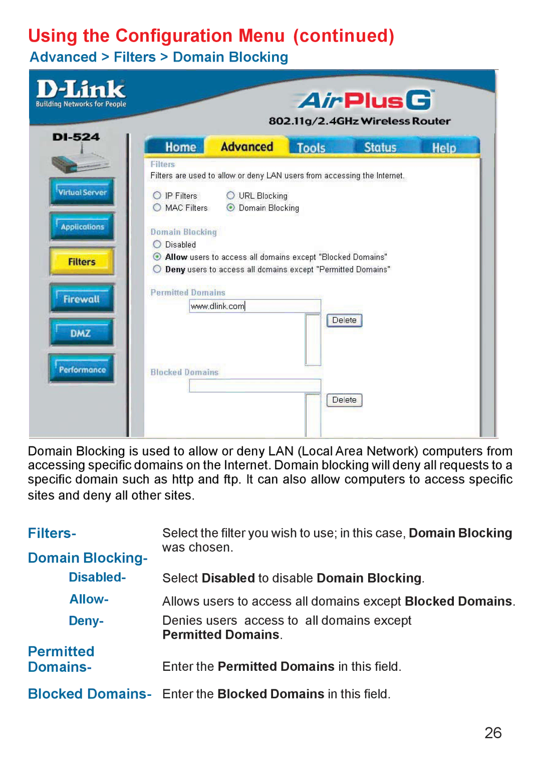 D-Link Di-524 manual Advanced Filters Domain Blocking, Permitted 