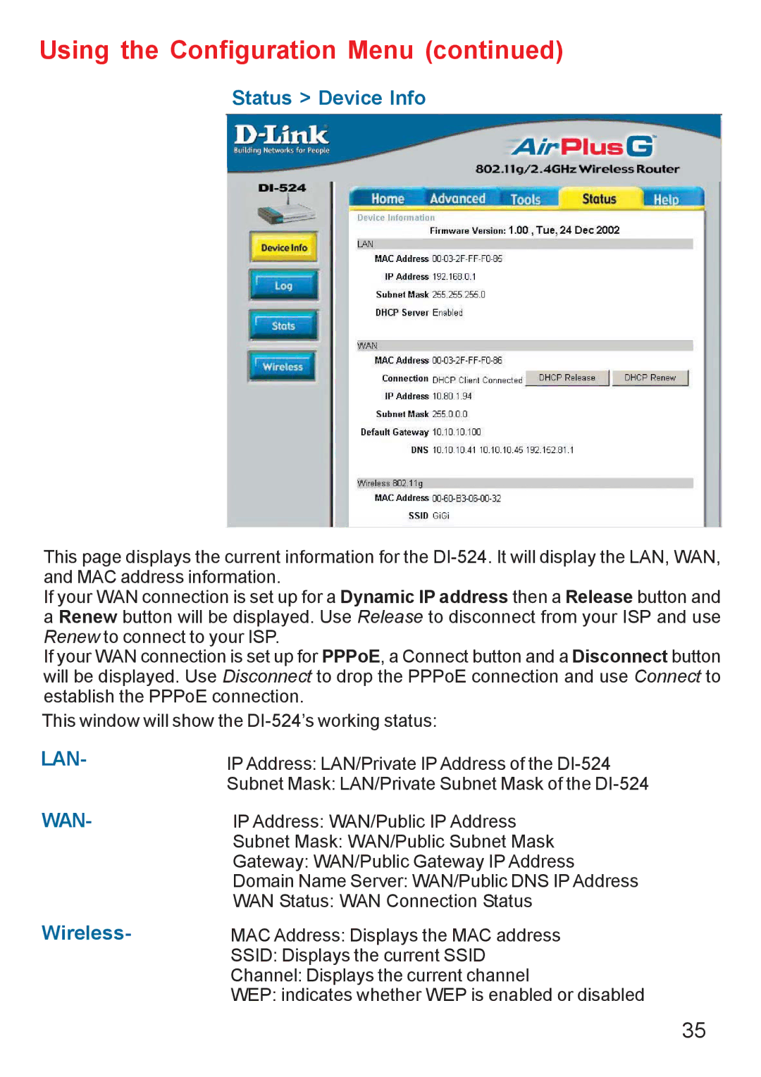 D-Link Di-524 manual Status Device Info, Lan 