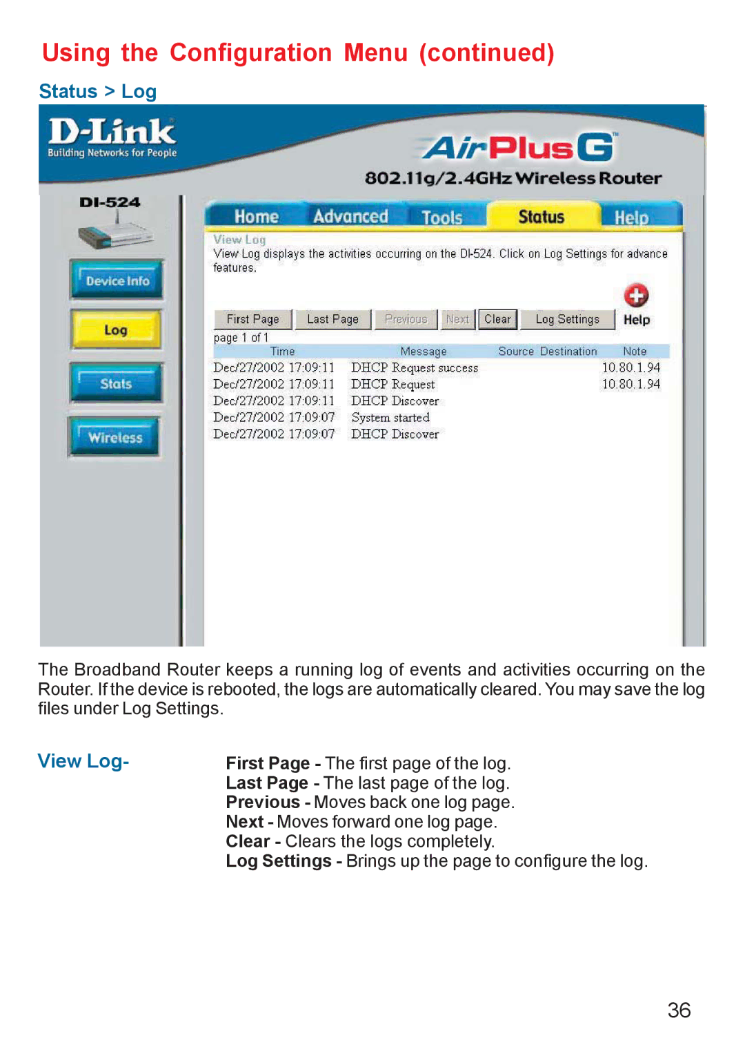 D-Link Di-524 manual Status Log, View Log 