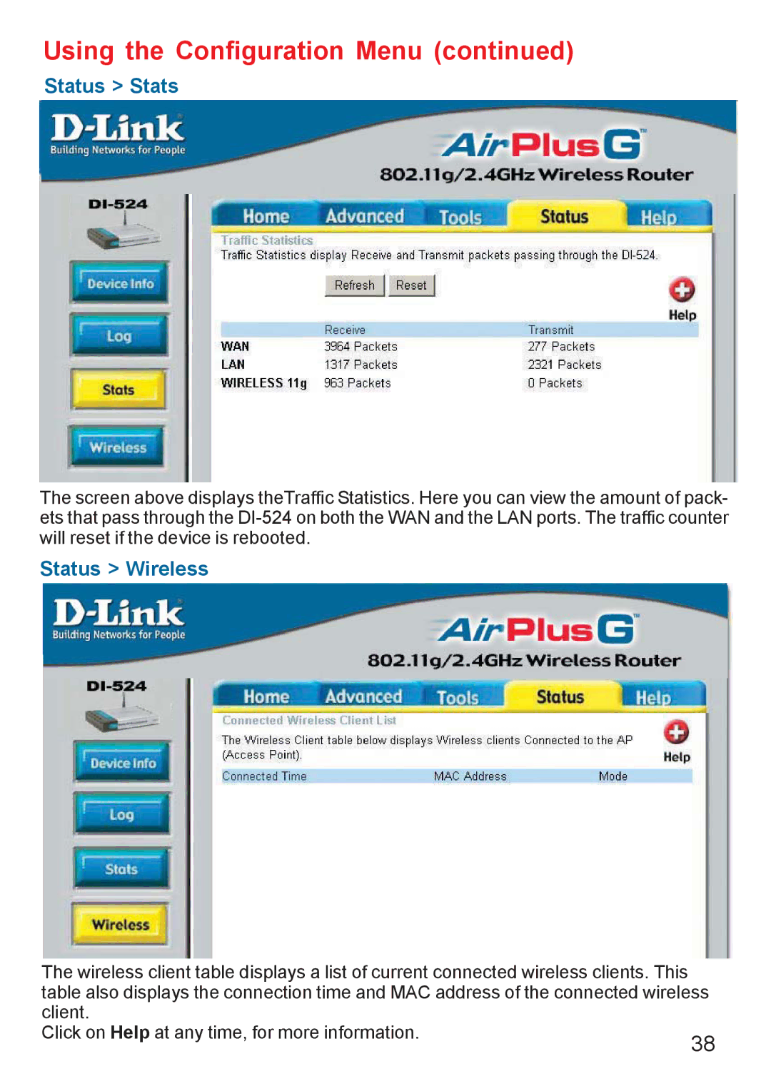 D-Link Di-524 manual Status Stats, Status Wireless 