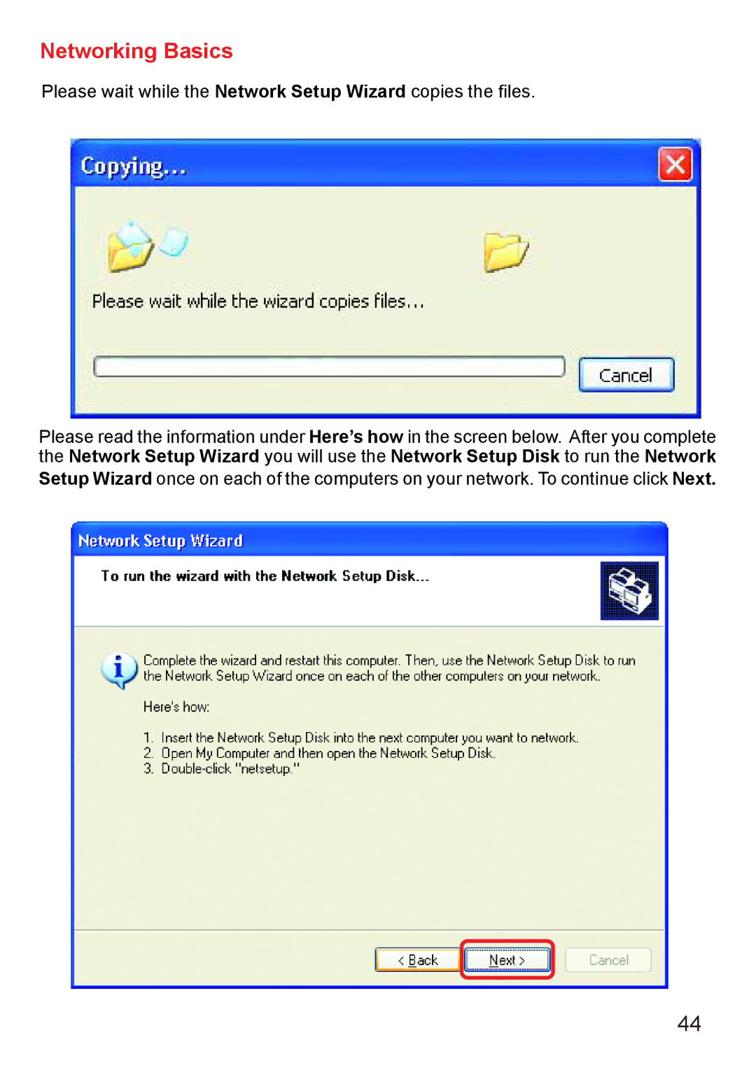 D-Link Di-524 manual Please wait while the Network Setup Wizard copies the files 