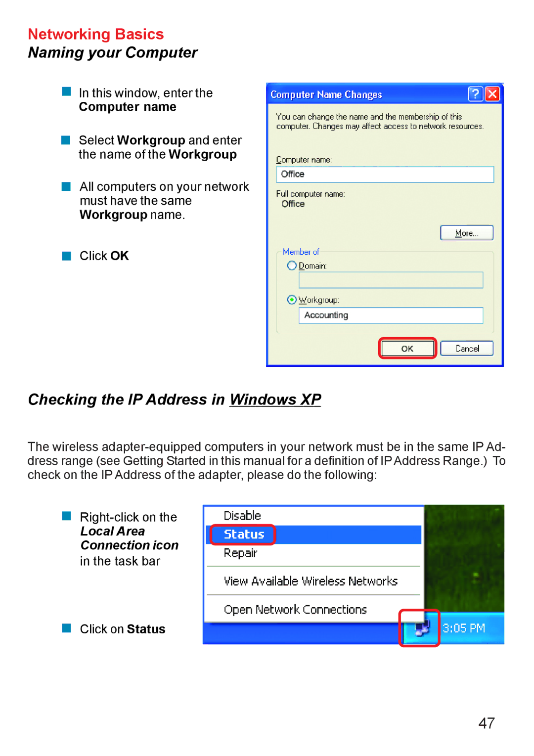 D-Link Di-524 manual Checking the IP Address in Windows XP, Computer name 