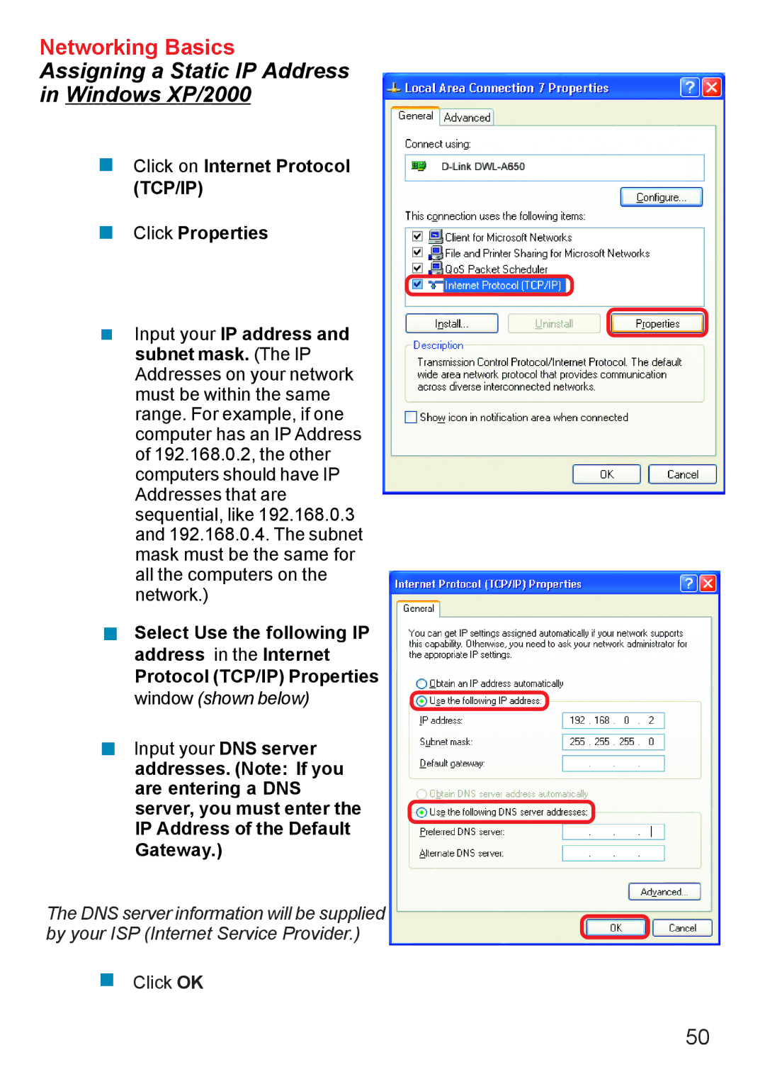 D-Link Di-524 manual Assigning a Static IP Address Windows XP/2000 