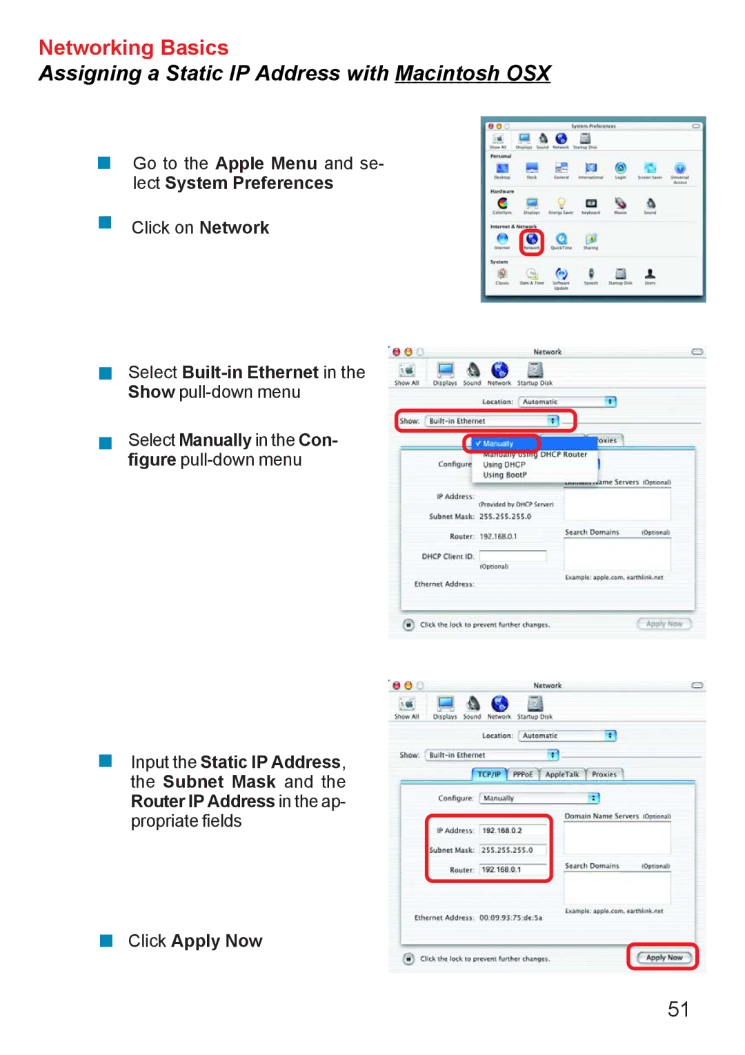 D-Link Di-524 manual Assigning a Static IP Address with Macintosh OSX 