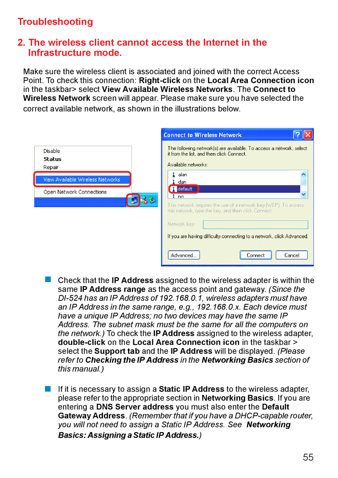 D-Link Di-524 manual Basics Assigning a Static IP Address 