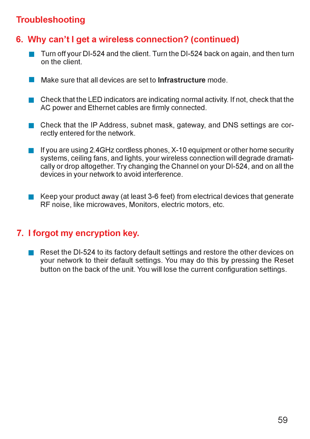 D-Link Di-524 manual Troubleshooting Why can’t I get a wireless connection? 