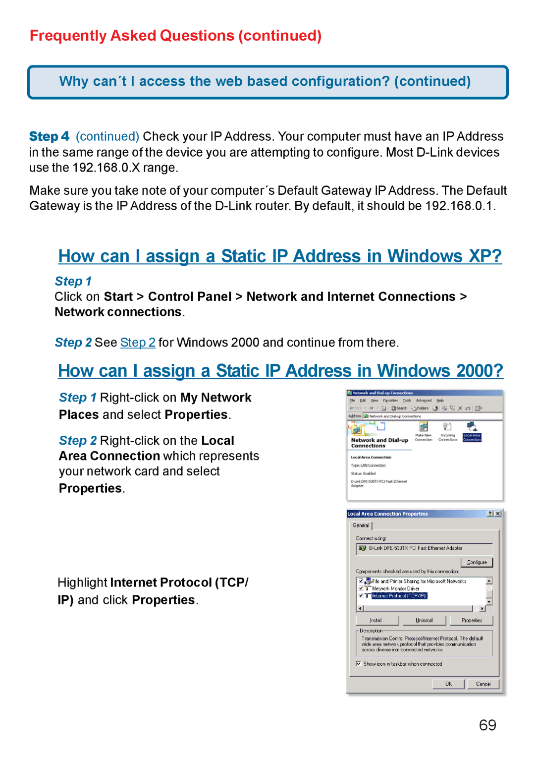 D-Link Di-524 manual How can I assign a Static IP Address in Windows XP?, Places and select Properties 