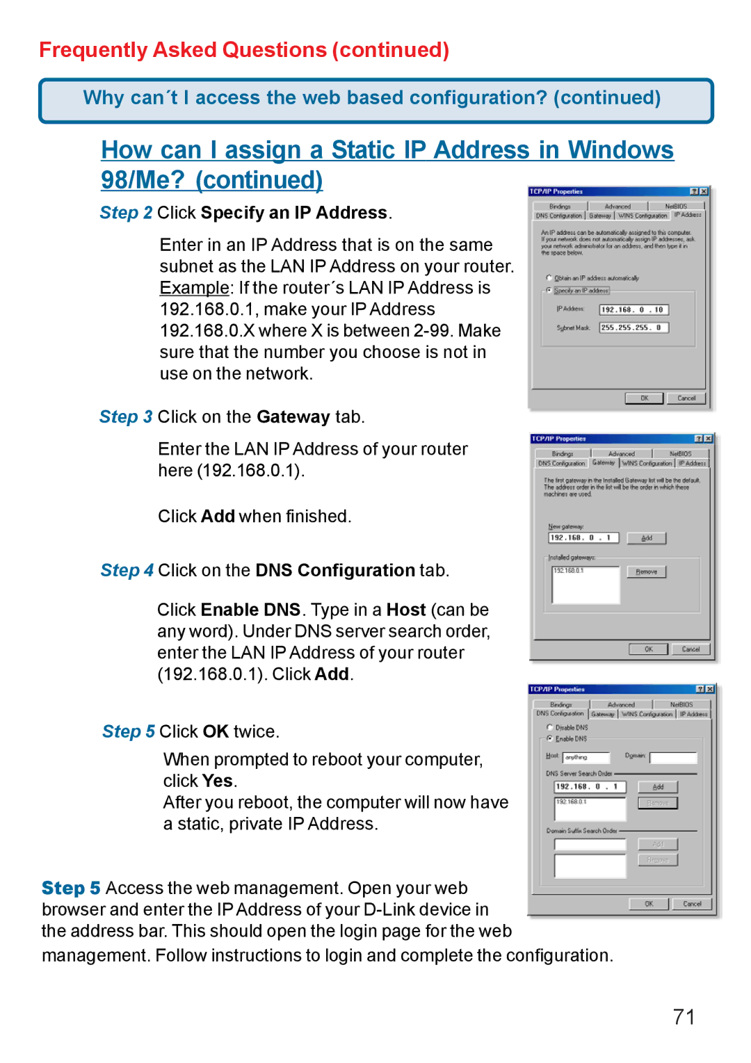 D-Link Di-524 manual Click Specify an IP Address, Click on the DNS Configuration tab 