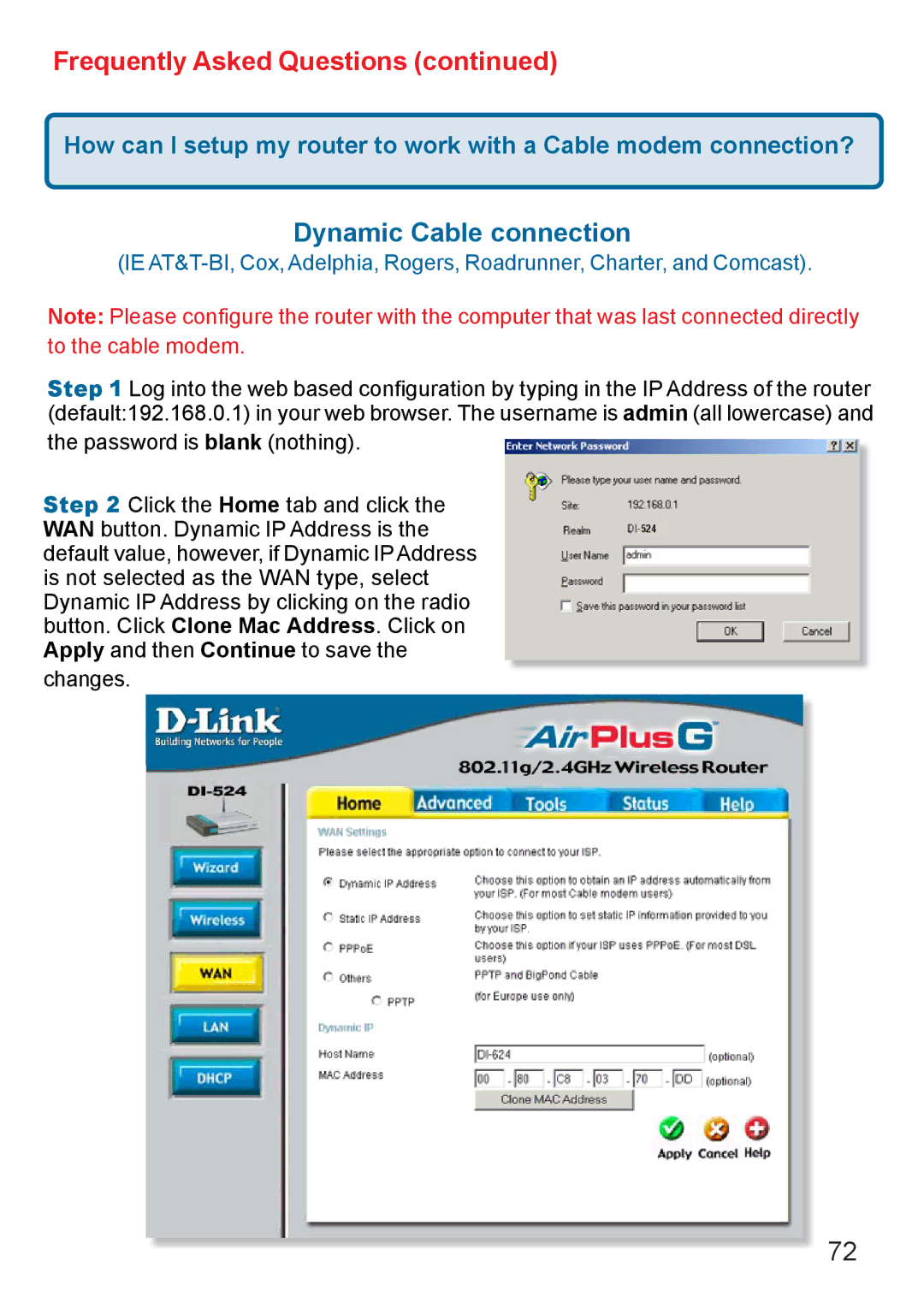 D-Link Di-524 manual Dynamic Cable connection 