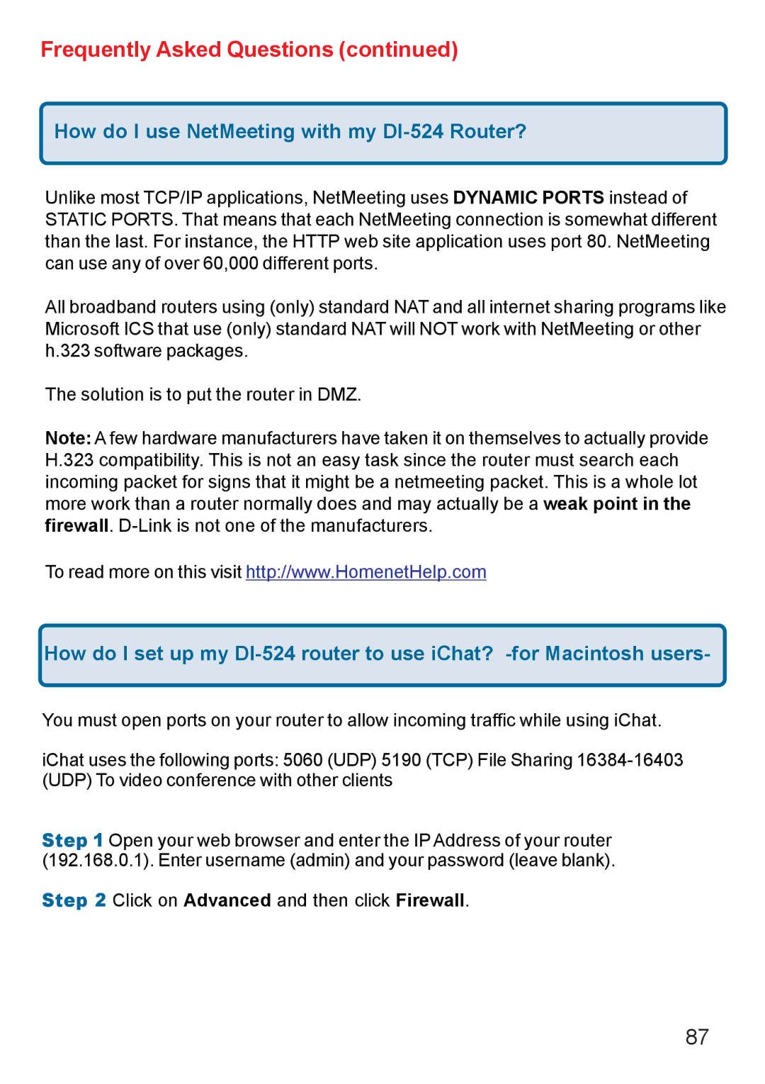 D-Link Di-524 manual How do I use NetMeeting with my DI-524 Router? 