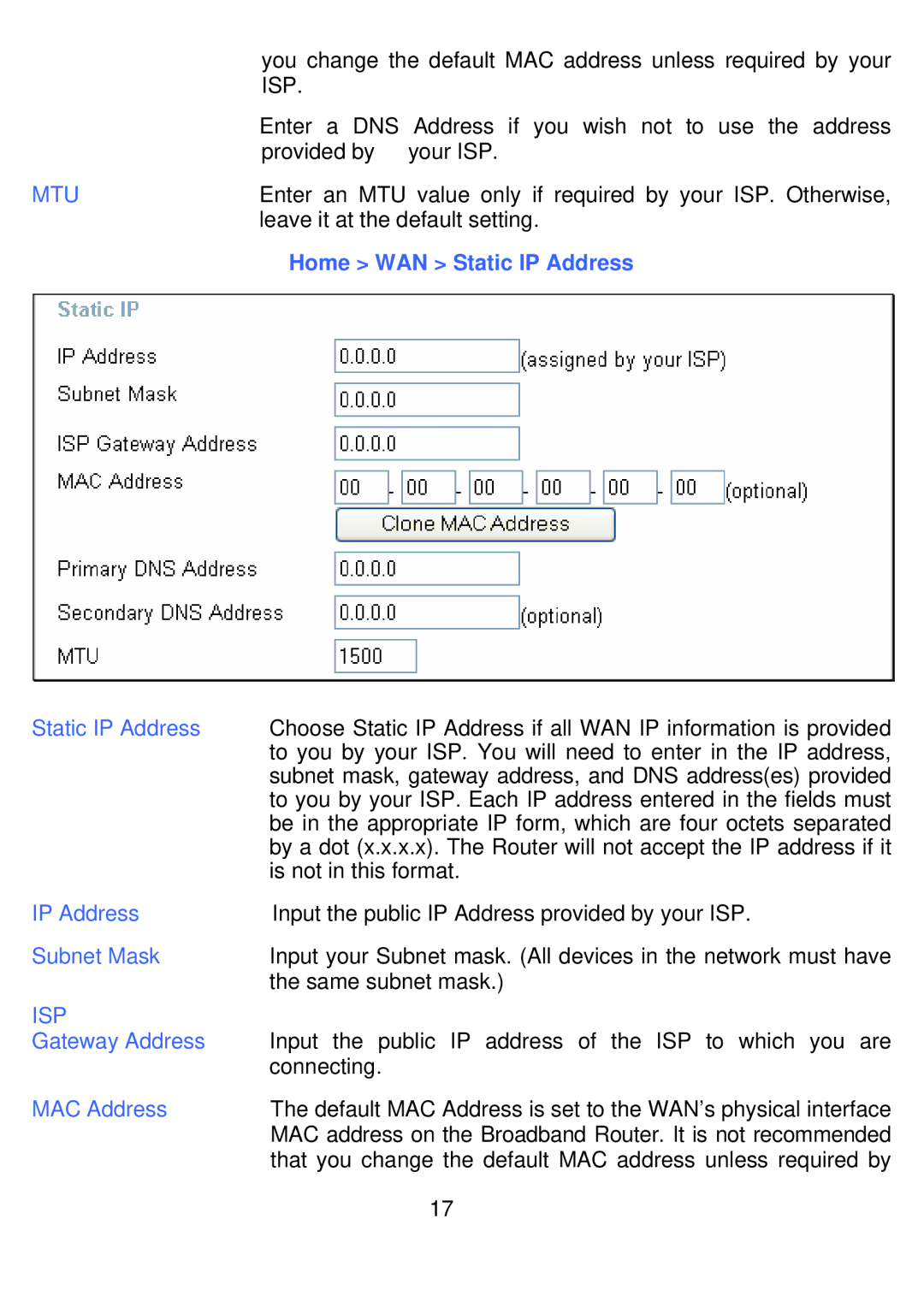 D-Link DI-524UP manual Home WAN Static IP Address, Subnet Mask, Gateway Address 