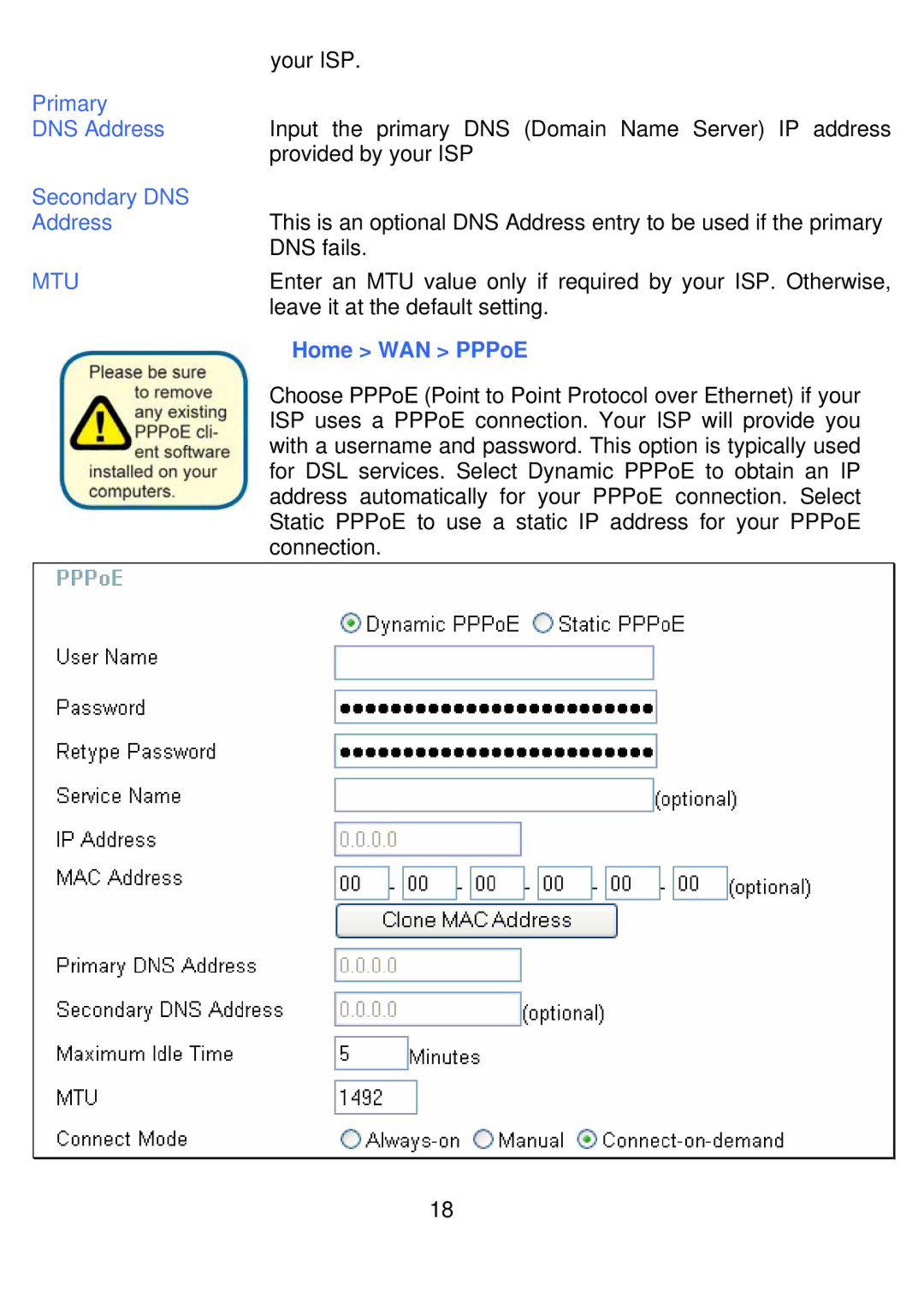 D-Link DI-524UP manual Primary DNS Address, Secondary DNS Address, Home WAN PPPoE 