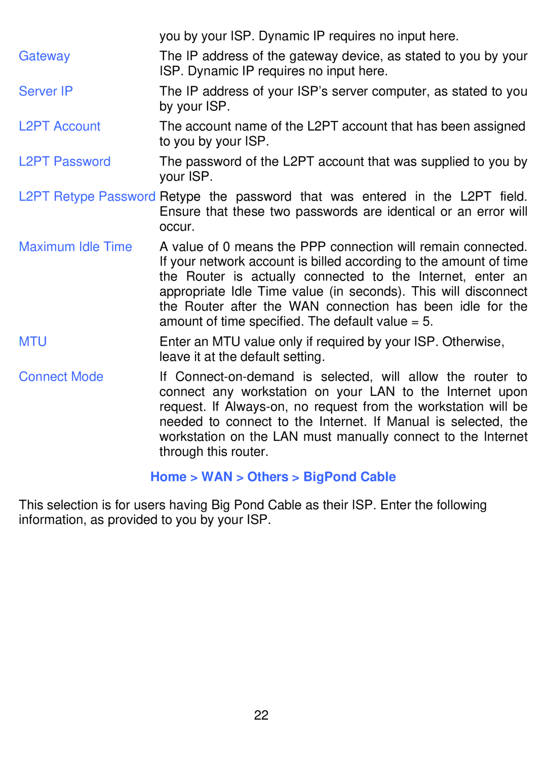 D-Link DI-524UP manual L2PT Account, L2PT Password, Home WAN Others BigPond Cable 