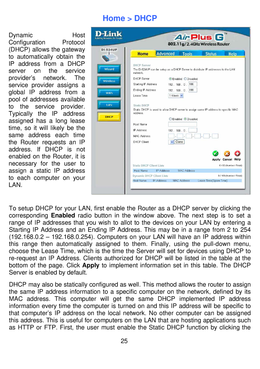 D-Link DI-524UP manual Home Dhcp 