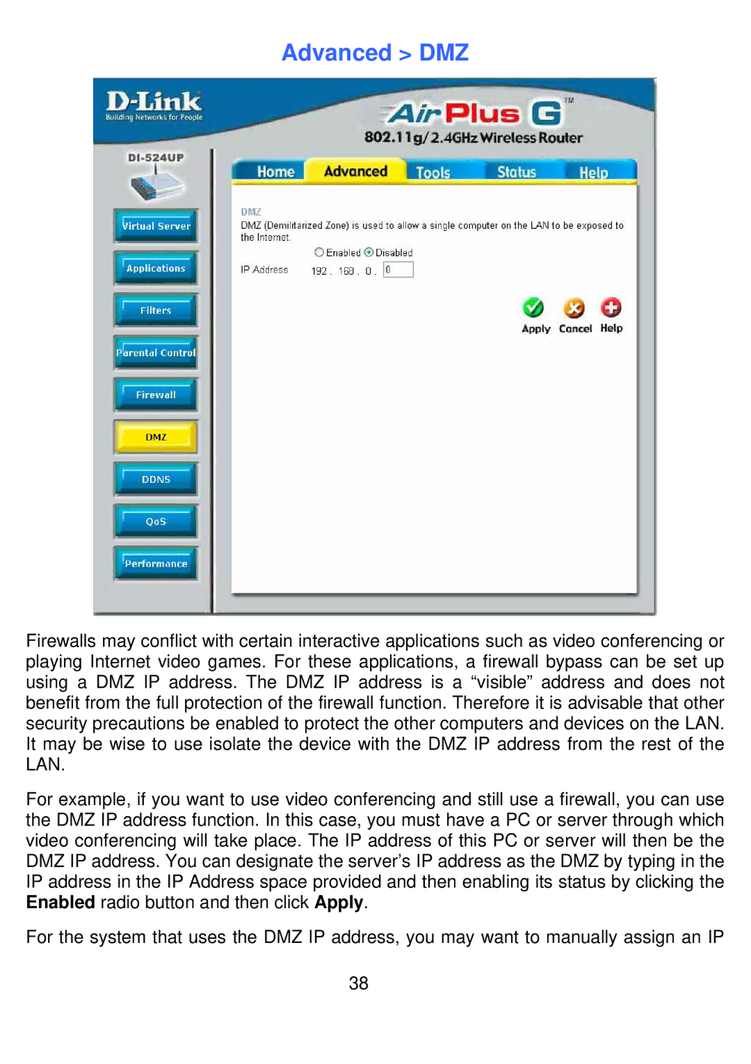 D-Link DI-524UP manual Advanced DMZ 