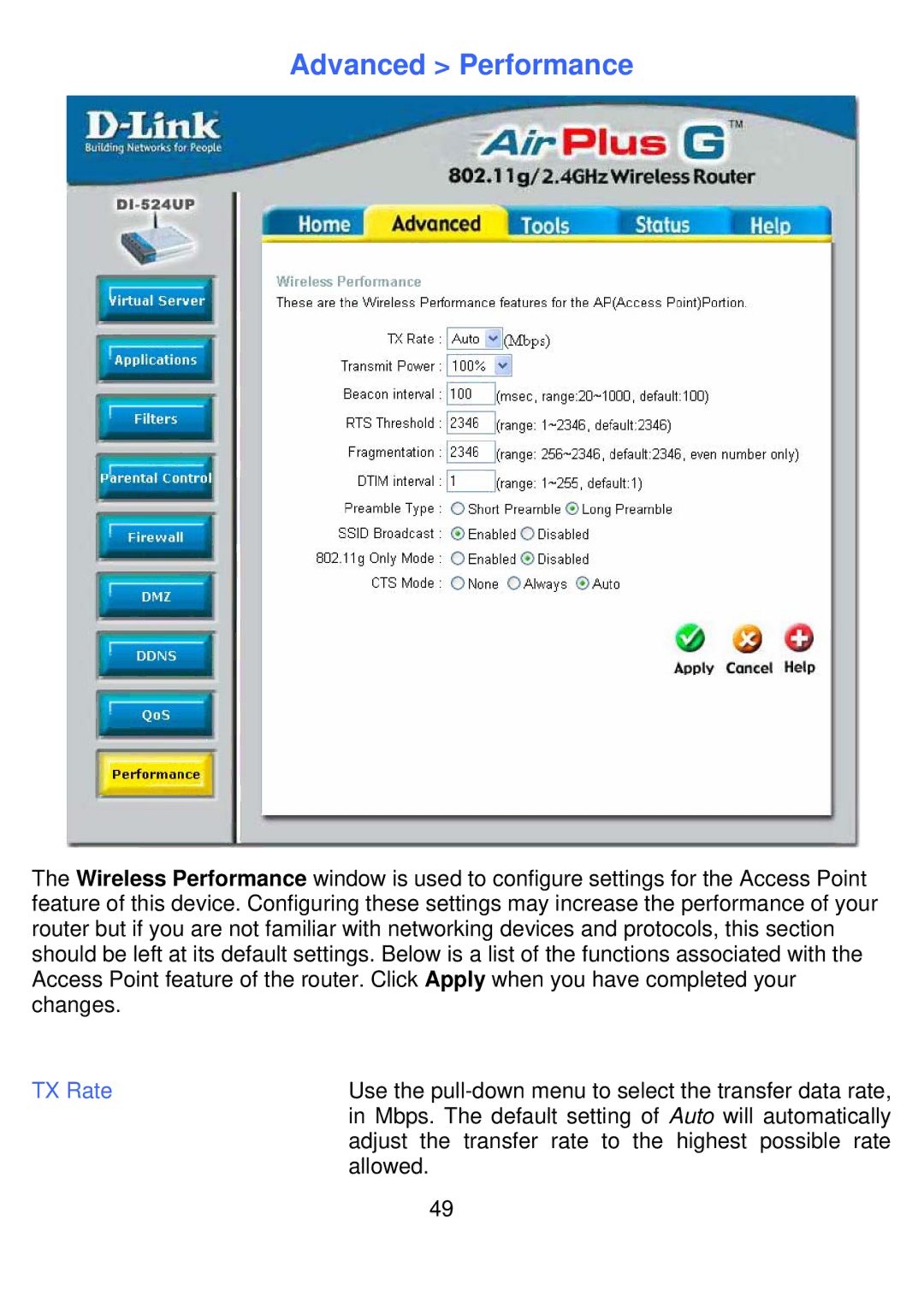 D-Link DI-524UP manual Advanced Performance, TX Rate 