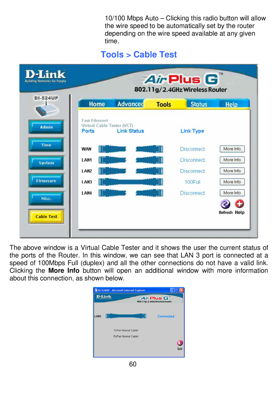 D-Link DI-524UP manual Tools Cable Test 