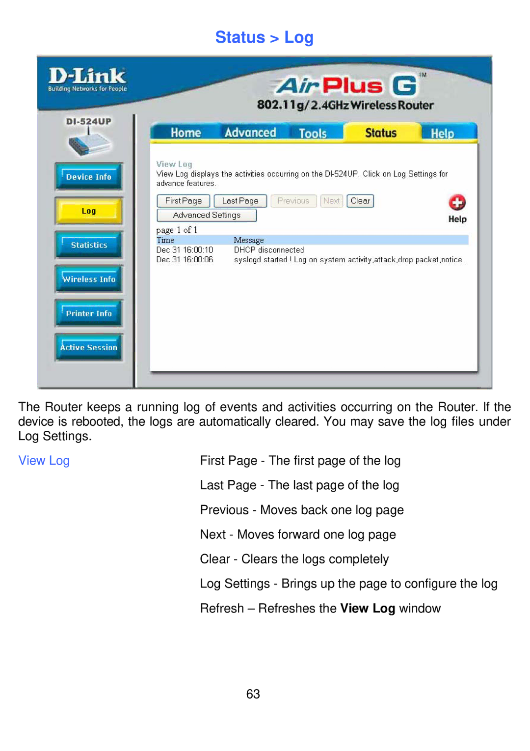 D-Link DI-524UP manual Status Log, View Log 