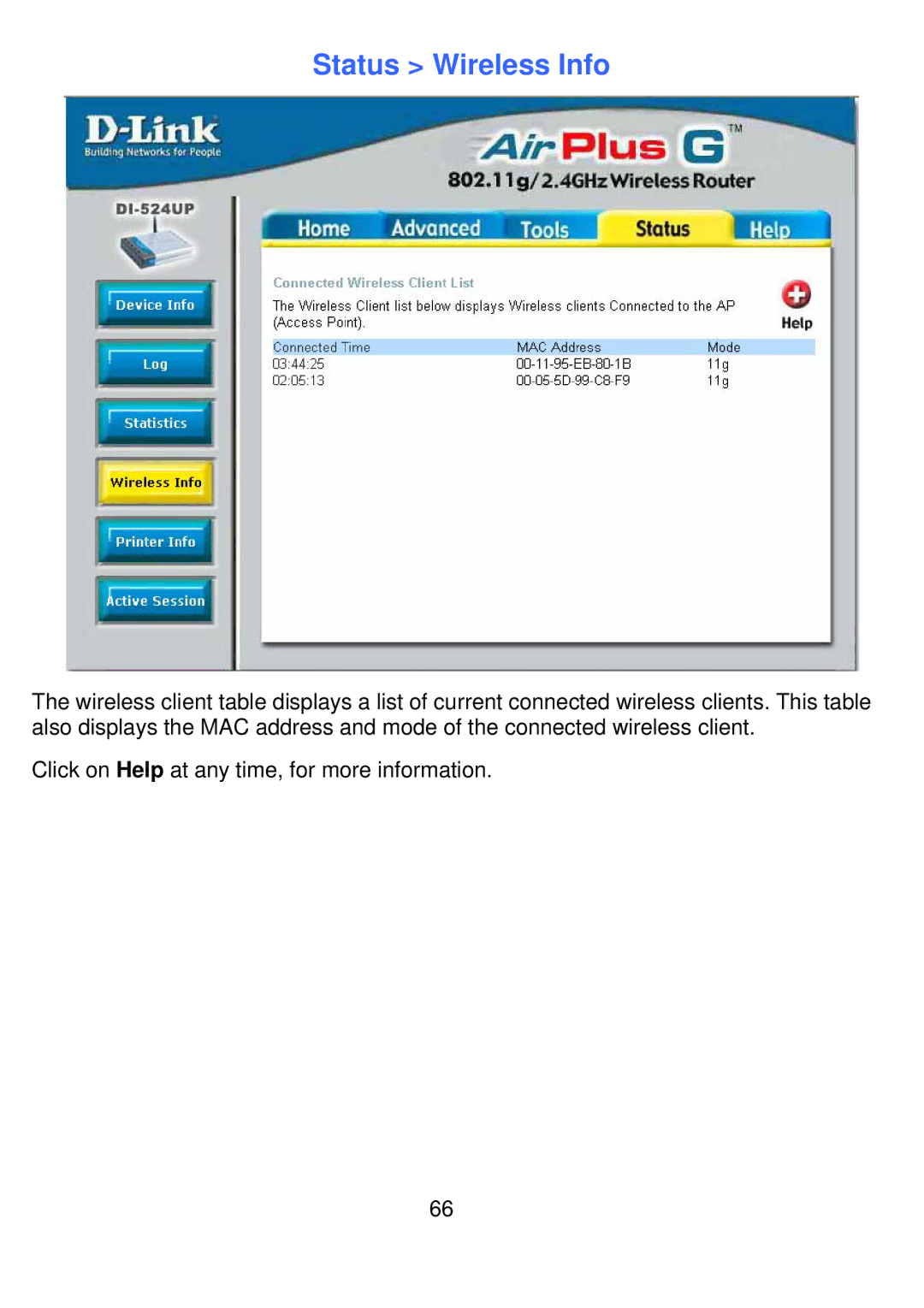 D-Link DI-524UP manual Status Wireless Info 