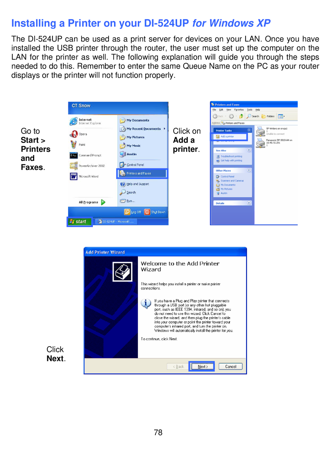 D-Link manual Installing a Printer on your DI-524UP for Windows XP 