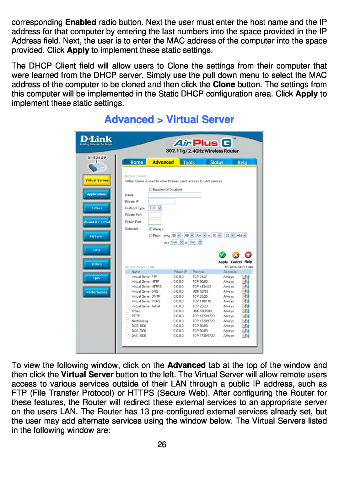 D-Link DI-524UP manual Advanced Virtual Server 