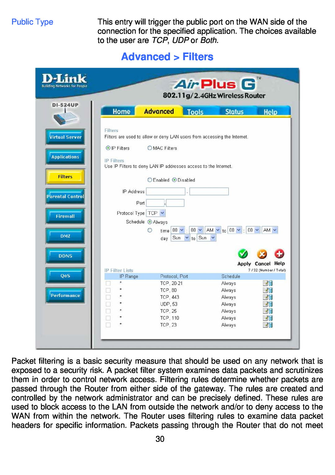 D-Link DI-524UP manual Advanced Filters 