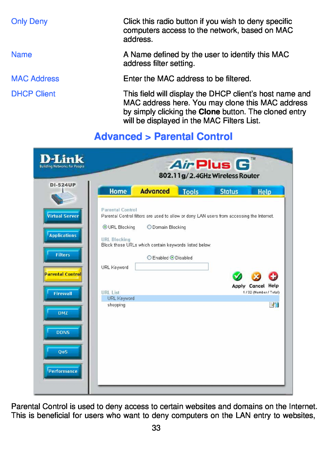 D-Link DI-524UP manual Advanced Parental Control 