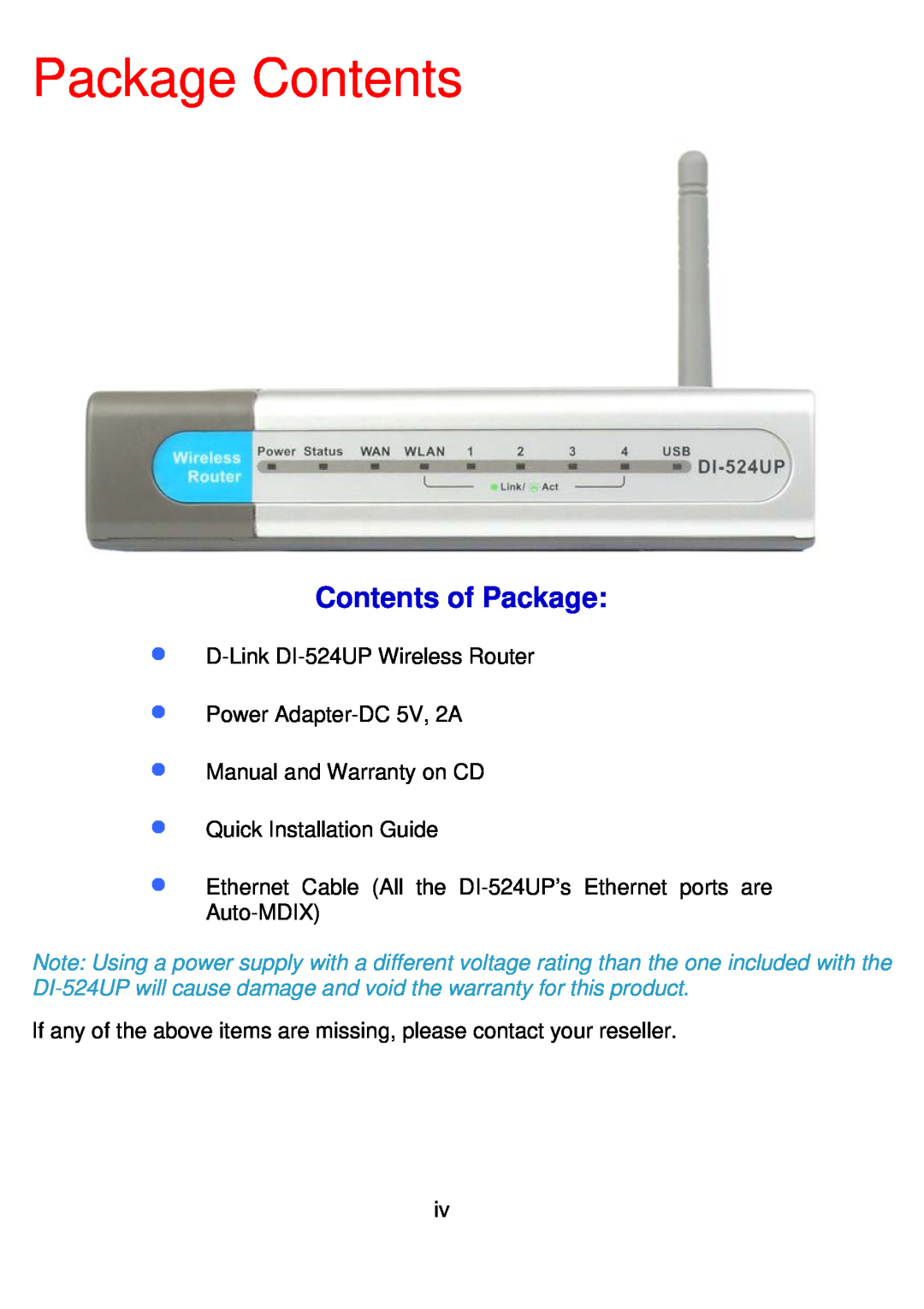 D-Link DI-524UP manual Package Contents, Contents of Package 