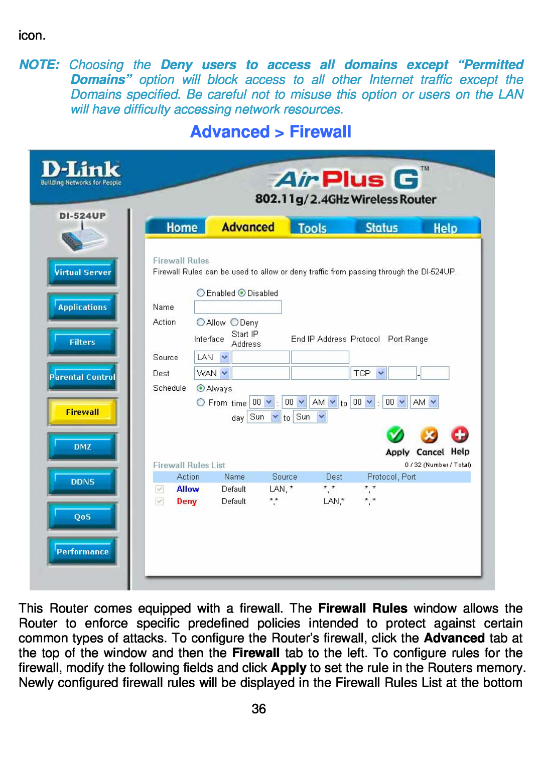 D-Link DI-524UP manual Advanced Firewall 