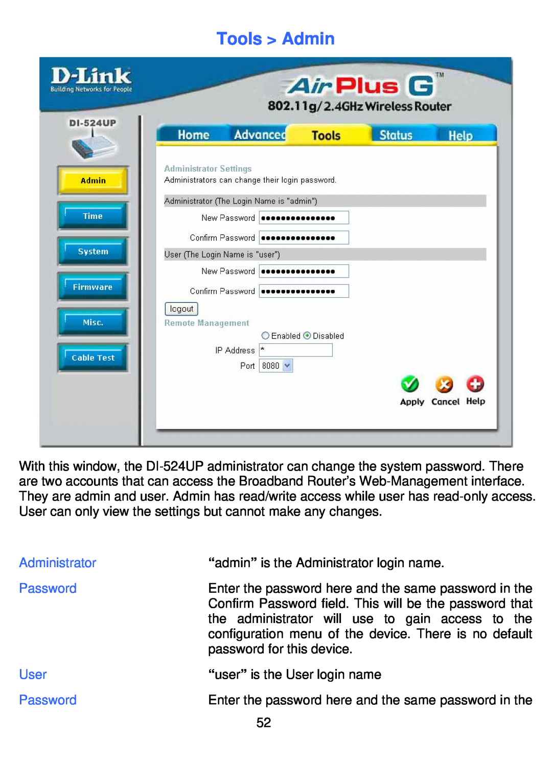 D-Link DI-524UP manual Tools Admin 