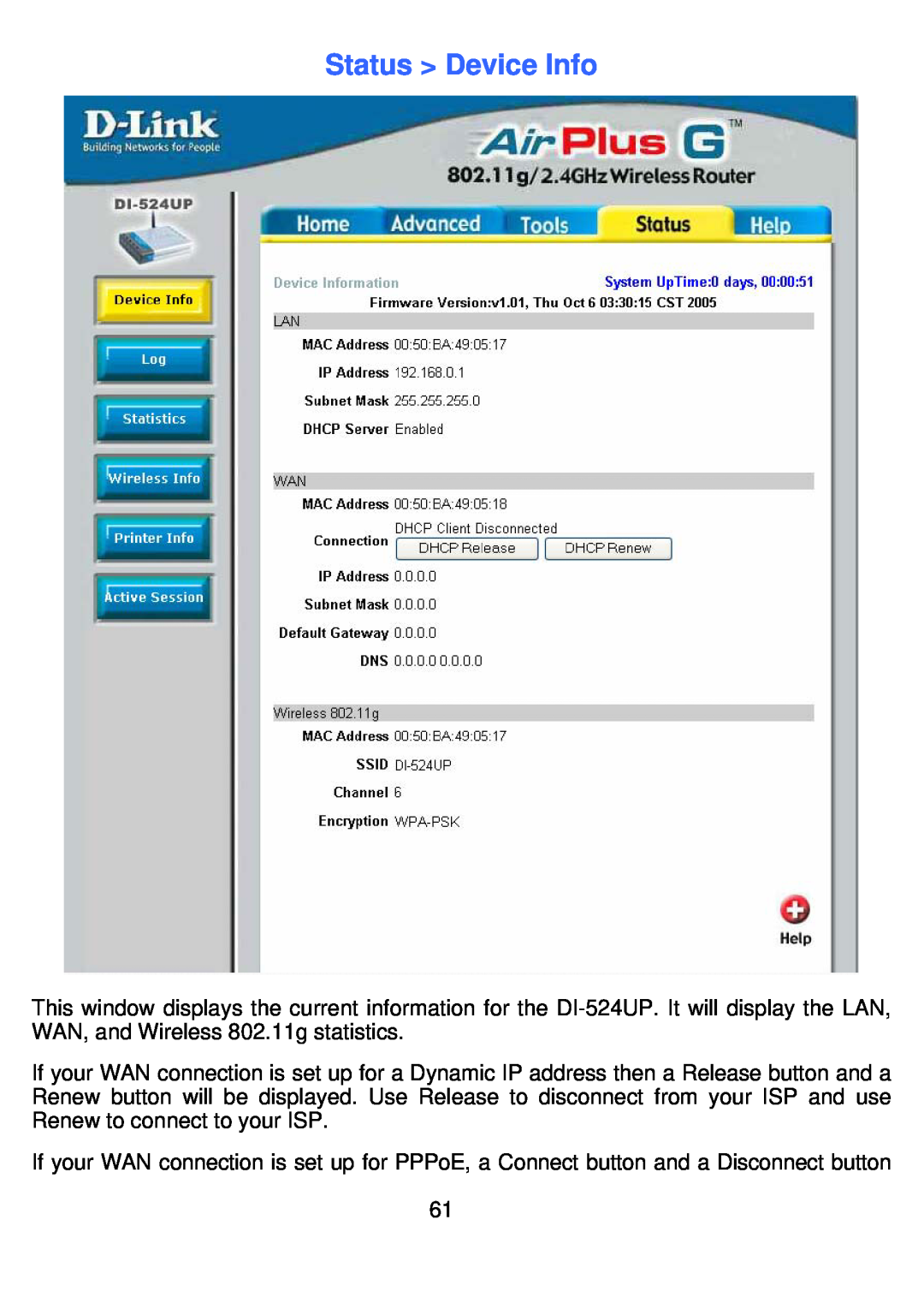 D-Link DI-524UP manual Status Device Info 