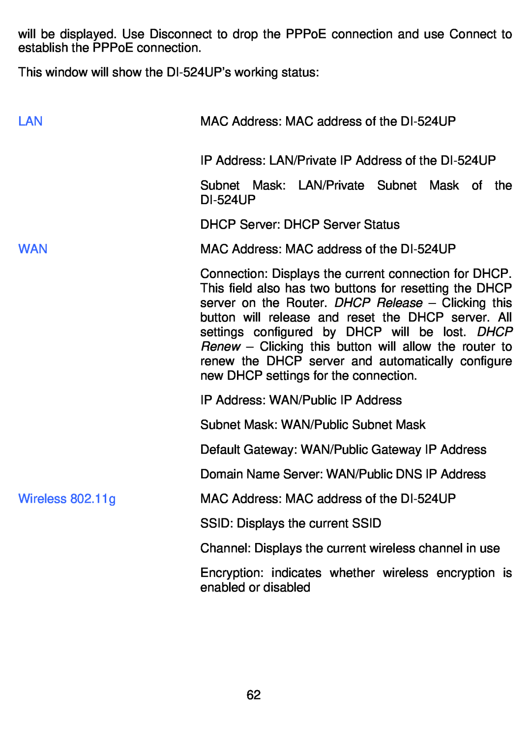 D-Link DI-524UP manual Wireless 802.11g 