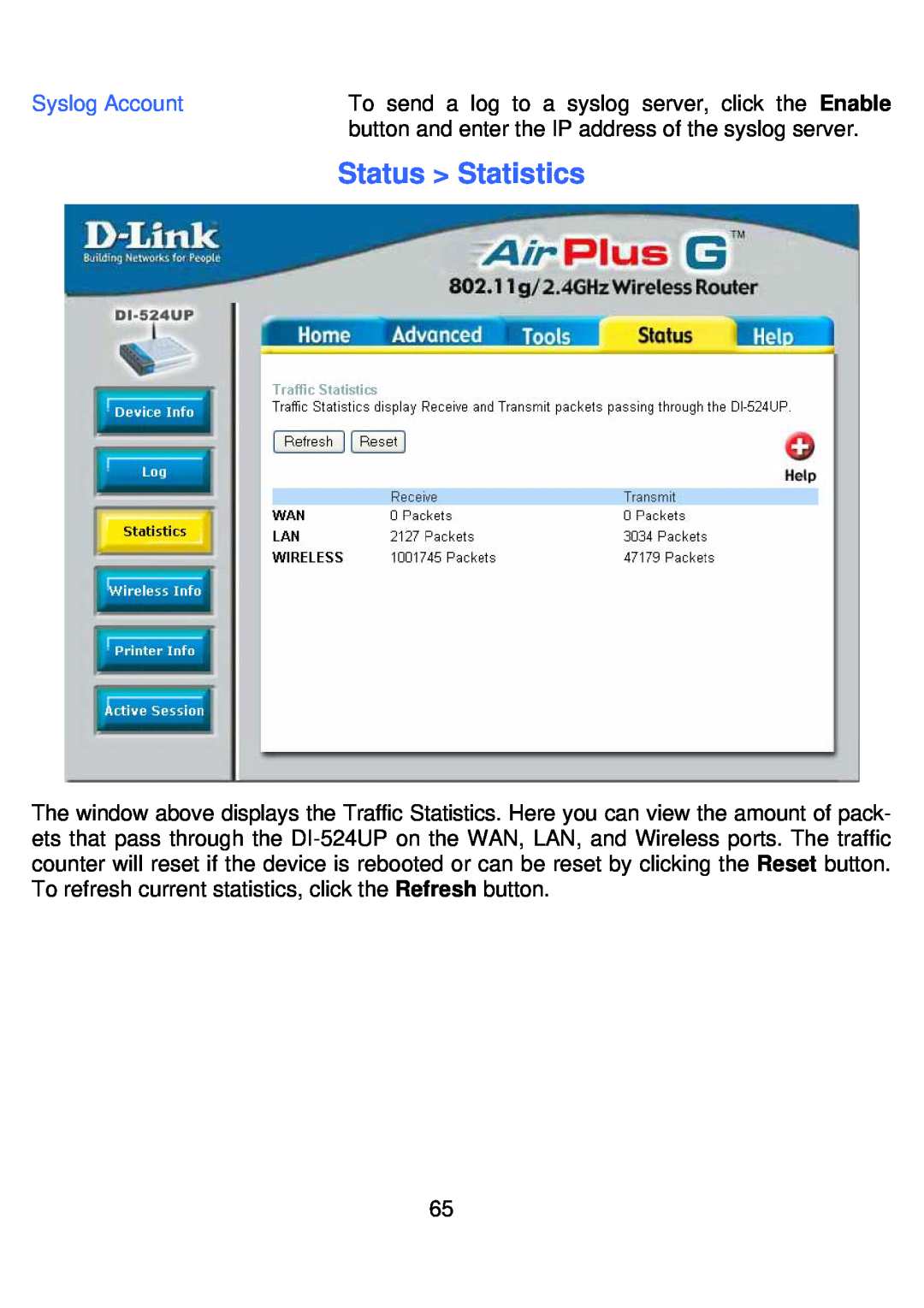 D-Link DI-524UP manual Status Statistics 