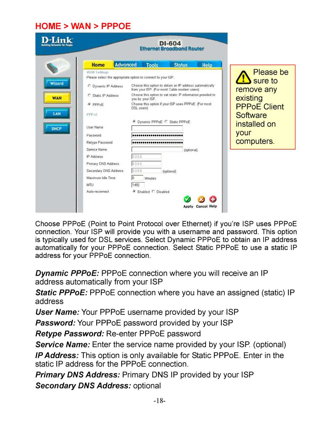 D-Link DI-604 manual Home WAN Pppoe 