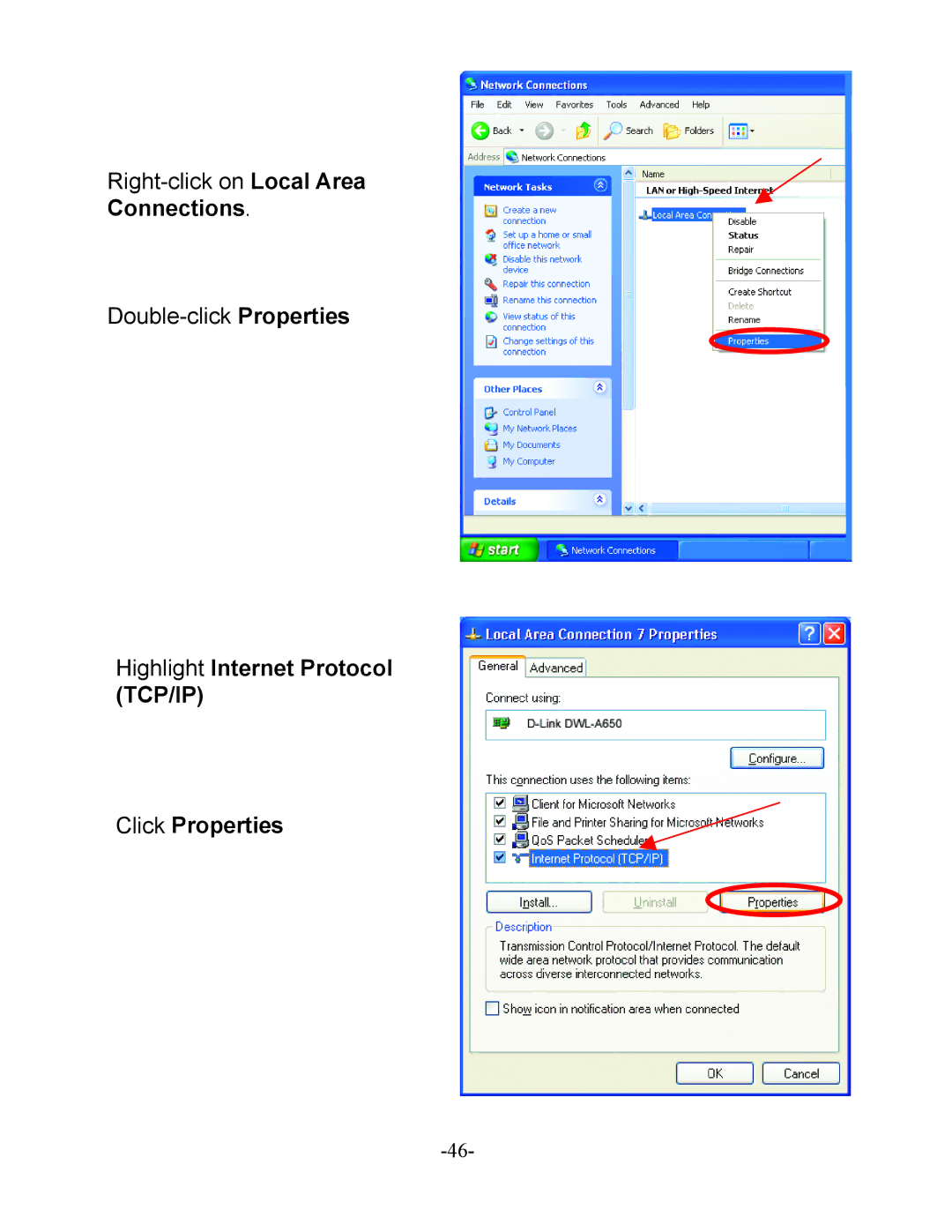 D-Link DI-604 manual Highlight Internet Protocol TCP/IP Click Properties 