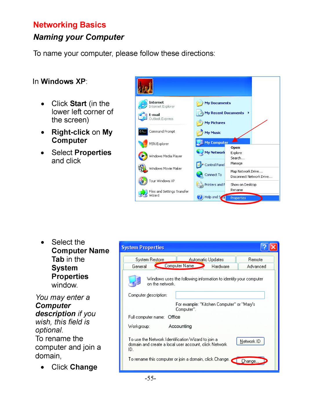 D-Link DI-604 manual Windows XP, Right-click on My Computer Select Properties and click 