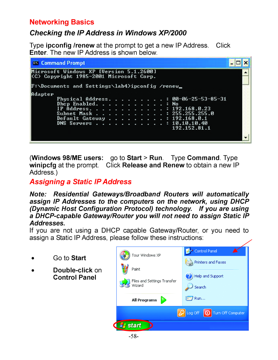 D-Link DI-604 manual Windows 98/ME users winipcfg at the prompt. Address, Double-click on Control Panel 