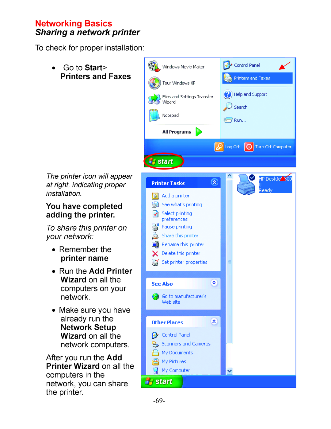 D-Link DI-604 Printers and Faxes, You have completed adding the printer, Network Setup Wizard on all the network computers 