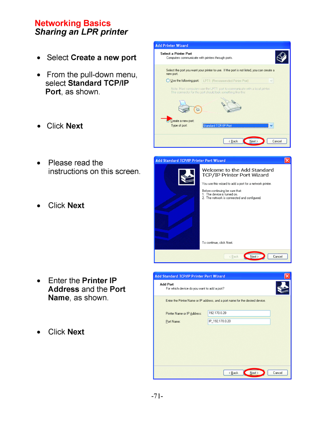 D-Link DI-604 manual Select Create a new port, Enter the Printer IP Address and the Port Name, as shown 