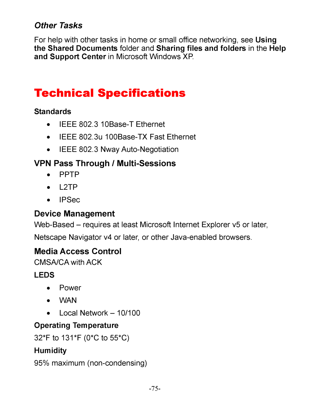 D-Link DI-604 manual Technical Specifications, VPN Pass Through / Multi-Sessions, Device Management, Media Access Control 