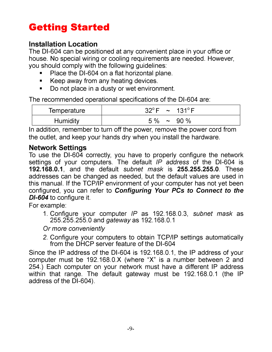 D-Link DI-604 manual Getting Started, Installation Location, Network Settings 