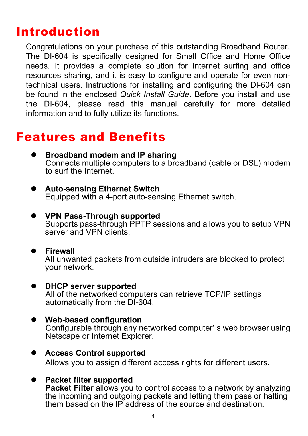 D-Link DI-604 manual Introduction, Features and Benefits 