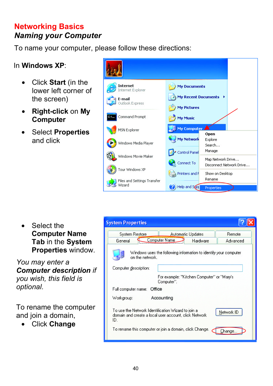 D-Link DI-604 manual Windows XP, Right-click on My Computer Select Properties and click 